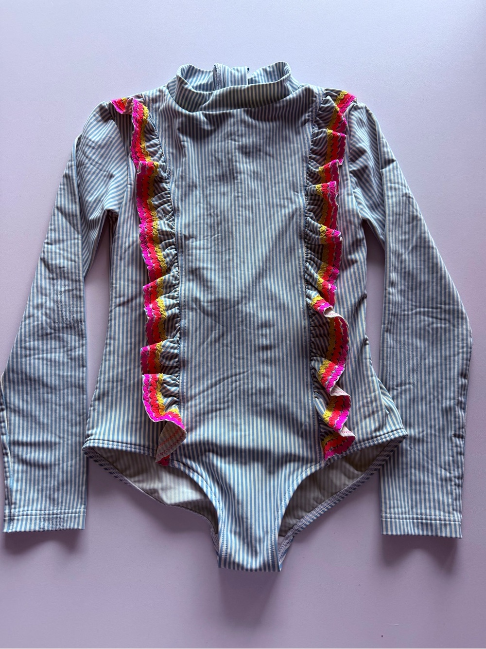 Long-Sleeve Girls One-Piece Swimsuit with Pink Ruffle Trim
